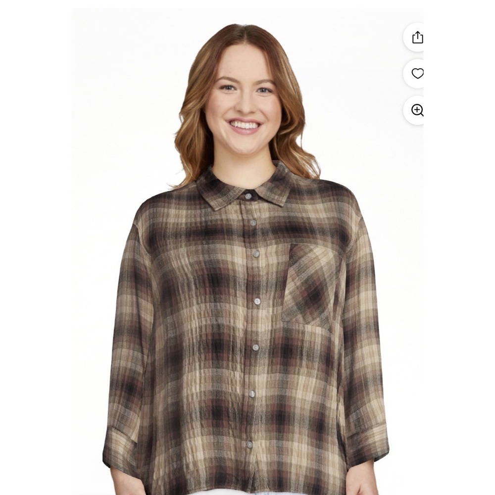 Terra & Sky Plaid Button Front Shirt Women 1X Brown New Relaxed Flannel Blouse